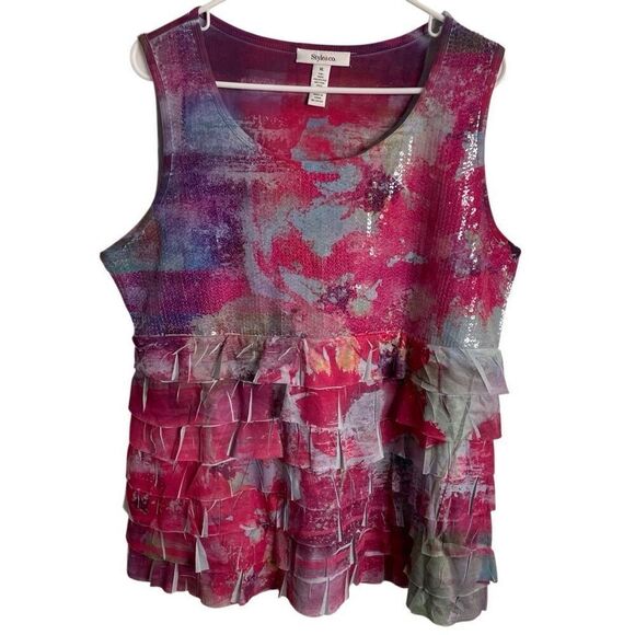Womens Mixed Media Jewel Tone Iridescent Sequin Shell XL Ruffle Detail Cyberpunk - Picture 1 of 9